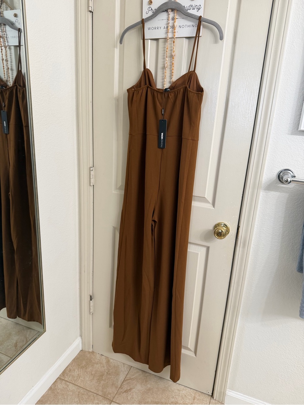 Fashion Nova Chocolate Brown Wide-Leg Jumpsuit with Spaghetti Straps - Picture 3 of 4